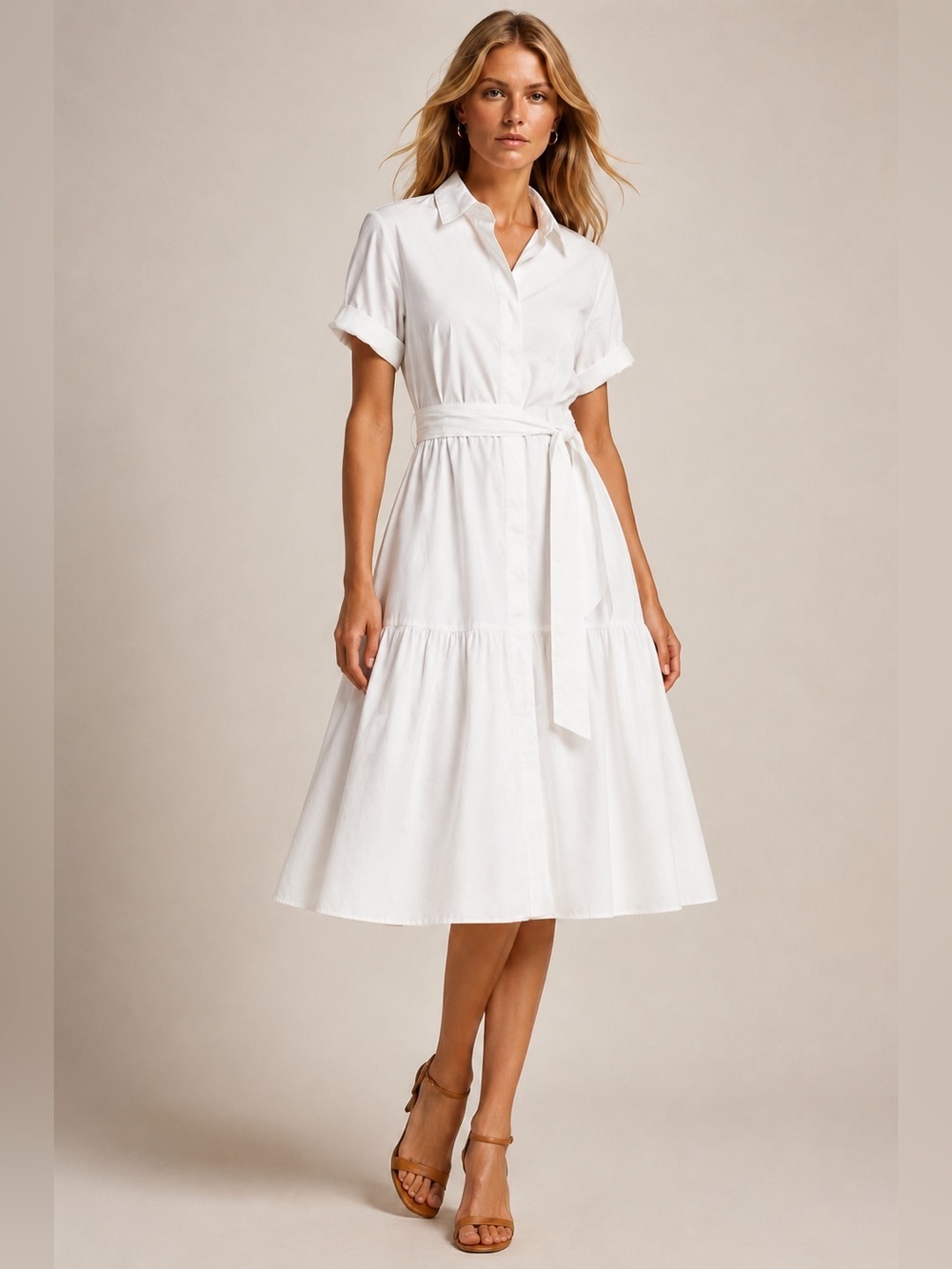 Lauren Ralph Lauren tiered poplin midi dress 100% cotton. Optional belt